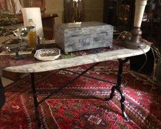 Marble top iron table - rugs not for sale 
