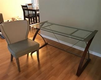 Glass computer desk, 4"5" x 27" x 30", $75, upholstered chair $55