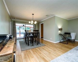 Ashley dining table and 4 chairs, stereo equipment, desk, and 2 area rugs. 