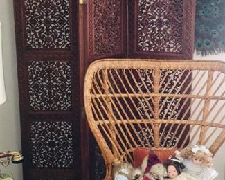 Rosewood Antique Screen, Wicker Chair