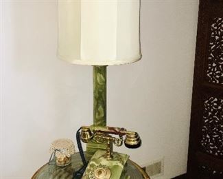 Onyx Lamp, Phone, Wicker/Glass Table