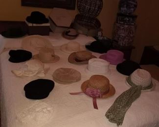 Vintage hats, wall decor, and bed/bedding