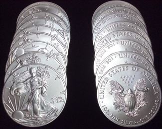 18 ONE OUNCE SILVER AMERICAN EAGLES, 99.9% SILVER