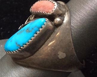 MENS CHUNKY TURQUOISE & CORAL RING