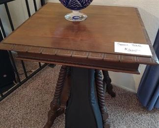 Antique oak table, cut glass bowl