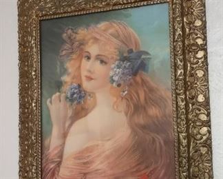 Antique Print Girl with Flowers