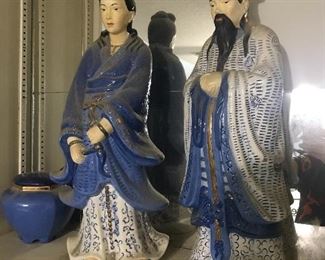 Monumental Asian couple in blue and white…30” tall