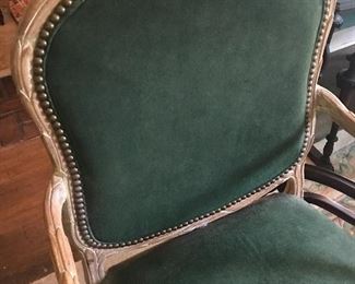 Pair of carved wood dark green suede armchairs in the Faux Bois style 