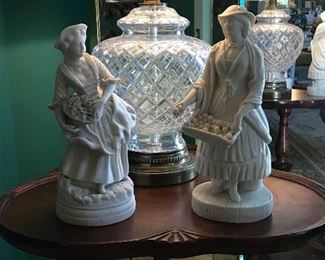 Turn of the century French bisque porcelains and a pair of cut glass lamps