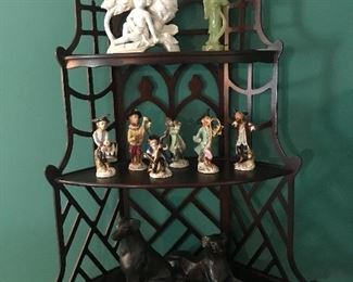 Chinese chippendale 1950s display curio shelf with bronze dogs, Antique German monkey band porcelains 