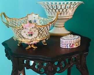 Louis Philippe table in walnut and large French porcelains
 EUROPEAN PORCELAIN LATTICE WORK & GOLD TRIM BOWL