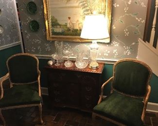 Elegant entry with custom Loden green chairs by Bernhardt.  American century Chippendale style chest