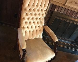 Victorian high back chair in mahogany with original beige velvet 