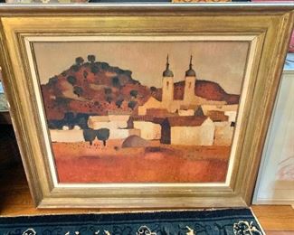 $950  Guy Charon (French, 1927), signed lower right, gallery label  verso, oil on canvas. sm. chip in frame 32.5” H x 37.5” W
