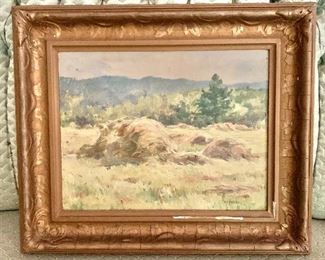 $450  Bertha Eversfield Perrie (American, DC, 1868-1921), pastoral scene with hay bales, signed lower right, oil on board. 16.25” H x 19.25” W