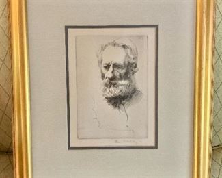 $125 William Auerbach-Levy (Russian-American, 1889-1964), “Portrait Study”, titled on gallery label verso, etching.
18” H x 15.5” W