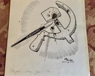 $75 Gibson Crockett (American, 1912-2000), “A.I. Solzhenitsyn” signed and inscribed The Washington Star” lower right, Tues. Jan. 1 1974 lower left, ink wash and graphite on paper. As is, glue damage from old mat.
17.5” H x 15” W