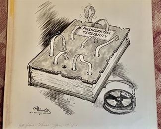 $75 Gibson Crockett (American, 1912-2000), “Presidential Credibility” signed and inscribed The Washington Star” lower right, Thurs. Jan. 17 1974 lower left, ink wash and graphite on paper. As is, glue damage from old mat.
16.75” H x 15.5” W