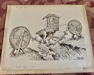 $75 Gibson Crockett (American, 1912-2000), “Credibility Gap” signed and inscribed “The Washington Star” lower right, Wed. May 1 1974 lower left, ink wash and graphite on paper. As is, glue damage from old mat.
16.25” H x 19.75” W