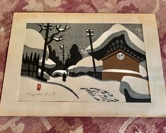 $450 Kiyoshi Saito (Japanese, 1907-1997), The Winter In Aizu, signed lower left, woodblock print.
11” H x 17” W