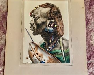$395 J.P. Ludu  signed (Ugandan, 1925-1965) Portrait of warrior’s profile with shield, watercolor.  22” H x 17” W
