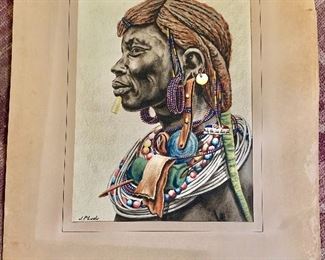 $395 J.P. Ludu (Ugandan, 1925-1965) signed Portrait of warrior’s profile,, watercolor.
22” H x 17” W