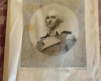 $150 Timothy Cole (British-American, 1852-1931) “Engraving for the George Washington Life Insurance Co of Charleston, W. Va”, signed in plate and lower right of sheet, engraving on tissue paper. As-is, scattered foxing, folds, tears.
18” H x 12” W