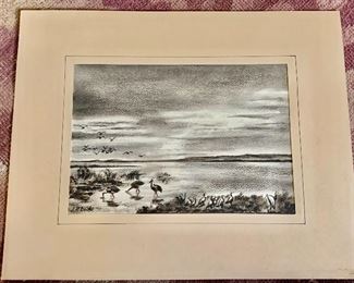 $200 J.P. Ludu (Ugandan, 1925-1965) Coast with three herons, signed , watercolor.
12” H x 15” W