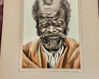 $120 J.P. Ludu (Ugandan, 1925-1965), Portrait of an African man with beard in orange garment, signed lower left, watercolor.
22” H x 17” W