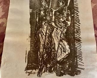 $100  Fritz Krampe (German, 1913-1966) “Two figures with spears”, titled indistinctly, initialed, and numbered 21/25 l lithograph. 33.25” H x 23.25” W