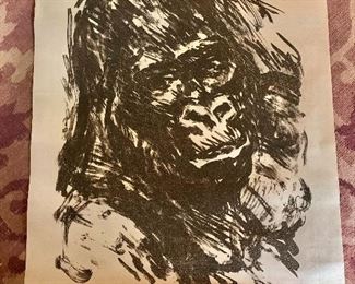 $100  Fritz Krampe (German, 1913-1966) “Gorilla” initialed,  numbered 3/25, lithograph. 29.75” H x 20.5” W