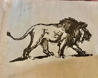 $100 Fritz Krampe (German, 1913-1966) “Lion Walking” initialed , numbered 13/15 scattered foxing and folds, lithograph. 20.25” H x 29.75” W