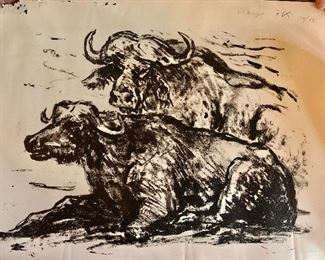 $100  Fritz Krampe (German, 1913-1966) Bulls, titled indistinctly, initialed, and numbered 34/35 , as is - scattered damage, lithograph. 24.75” H x 35.25” W