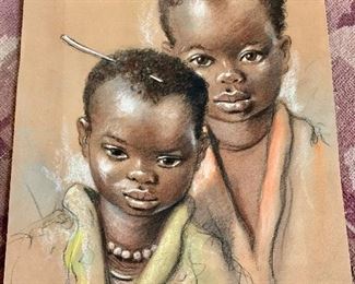 $95 Bidi Sopra (Kenyan) drawing of two young children, pastel on paper.
20” H x 15.25” W 