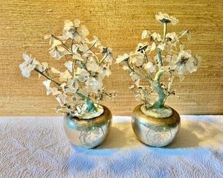 $1250 Pair glass floral trees in etched silver vase. see mark   Each approx 21" H, vase 7" diam.