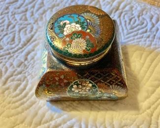 $175 Cloisonne inkwell.  3" H, 3" W, 3" D.