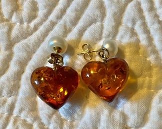 $25 Amber heart and pearl earrings about 7/8 " Long 