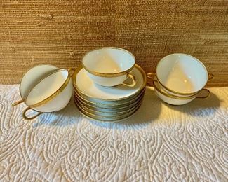$75 Old Abbey Limoges set  6 two-handled porcelain consomme bowls and  saucers.  Bowls ea 2" H, 3.75" Diam  Saucers ea 5.5" D