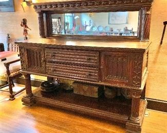 $750 Carved wood Sideboard.  72" W, 64.5" H, 27" D, main surface height 42.5".