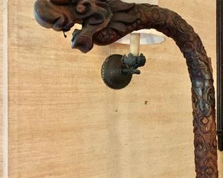 $495 Dragon with hook for hanging birdcase or lamp. Elaborately carved.  As is missing one flange.  73" H, top 16" W, base 14" diam.  