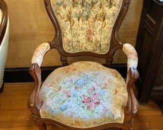 $120 Upholstered  vintage arm chair with wheels 42" H, 25.5" W, 22" D, seat height 17.5"