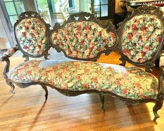 $650 Antique tufted settee with wheels.  44" H, 82" W, 22" D, seat height 16"