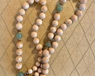  $40 Green and beige stone necklace  with filigree clasp 13" L. 
