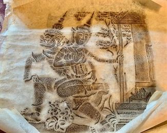 $30 Stone rubbing on rice paper temple scene 