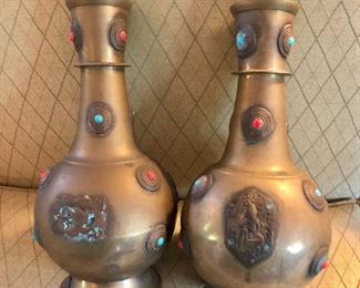 $150 Pair of bronze vases with stones and medallions.  Each  12.5" H, approx 6" diam.