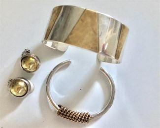 $95 Silvertone triangle bangle signed “GM”, SOLD  $60 sterling cuff goldtone coil, $25 sterling earrings gold tone balls.  Earrings: 0.5"diam; cuffs: 2.5"diam