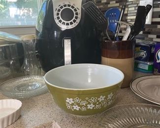 Air fryer, Pyrex, assorted Corningware. 