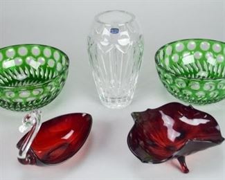 40	Grouping of Glass	Dublin crystal vase, ruby swan dish, ruby footed bowl, pair of green coin spot crystal bowls. Dublin vase 8"H, green coin spot bowls, 8"-diameter. Small chip on swan beak.
