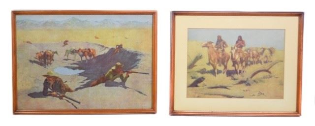 44	2 Frederic Remington Prints	Frederic Remington (American, 1861-1909) 2 prints depicting Native Americans with pack horses and scouting snipers with horses. Both signed in the plate lower right. Native Americans: 8" x 11" Snipers: 10 1/2" x 15"
