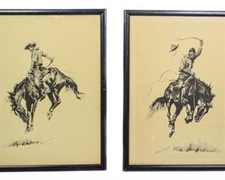 46	Pair of Frederic Remington Prints	Frederic Remington (American, 1861-1909). A pair of reproduction prints by including "A Sunfisher" and "A Running Bucker". Both signed in the plate. Each measure 18 1/2" x 13 1/2.
